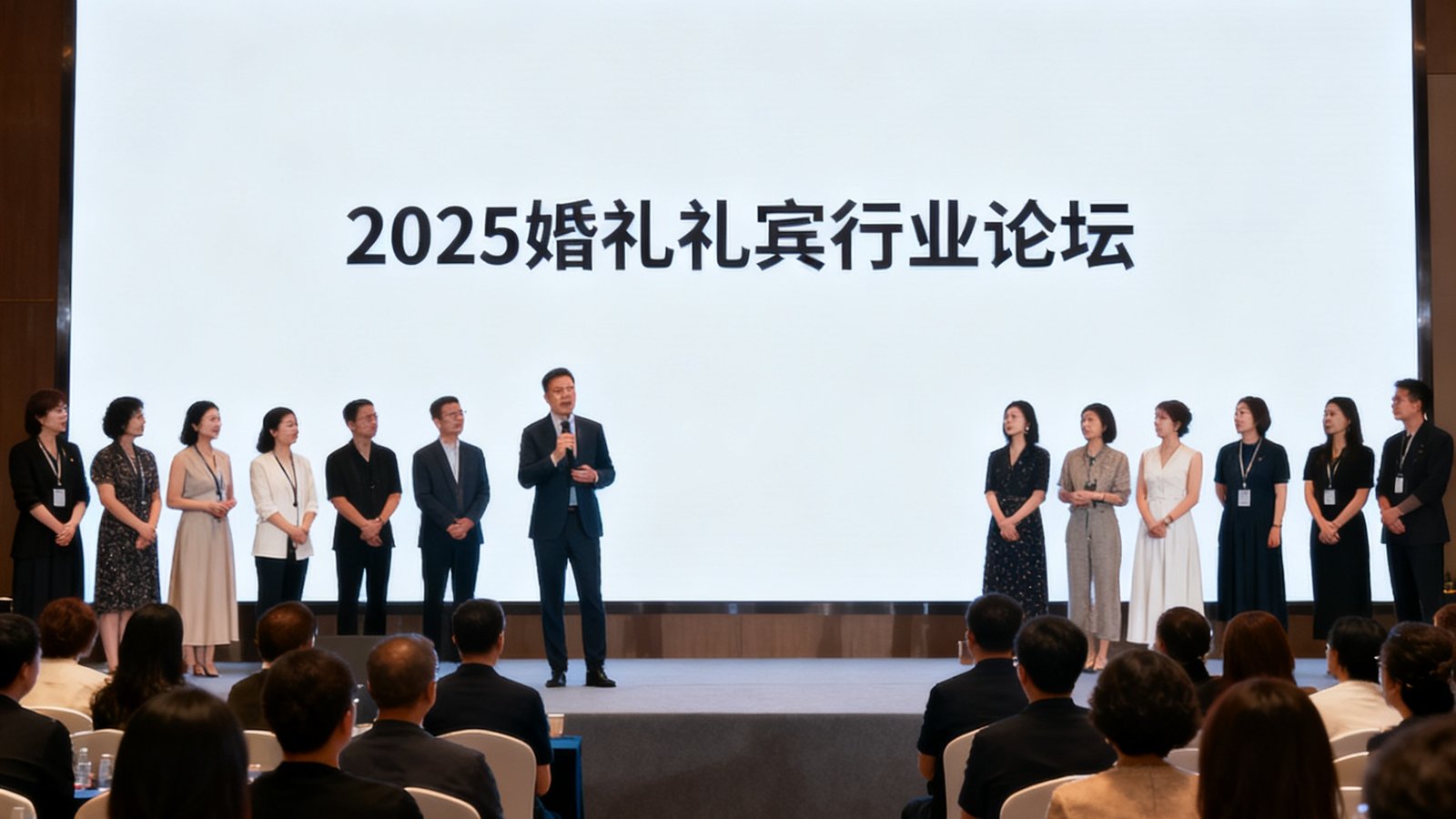 2025婚礼礼宾行业论坛现场，台上嘉宾正在分享，台下坐满了业界人士，大屏幕显示论坛主题