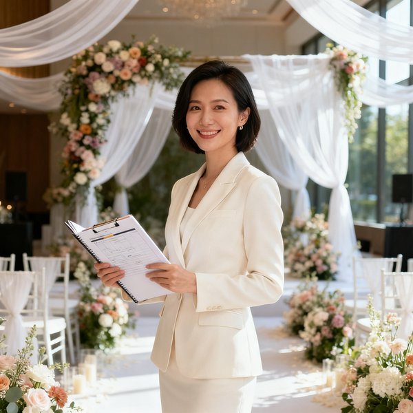 林婉清的职业形象照，穿着米白色职业套装，站在婚礼场地中手持策划方案本，微笑自信